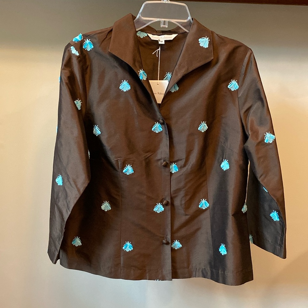 Connie Roberson 100% Dupioni Silk Button Front Blouse Brown with Bees Medium NWT